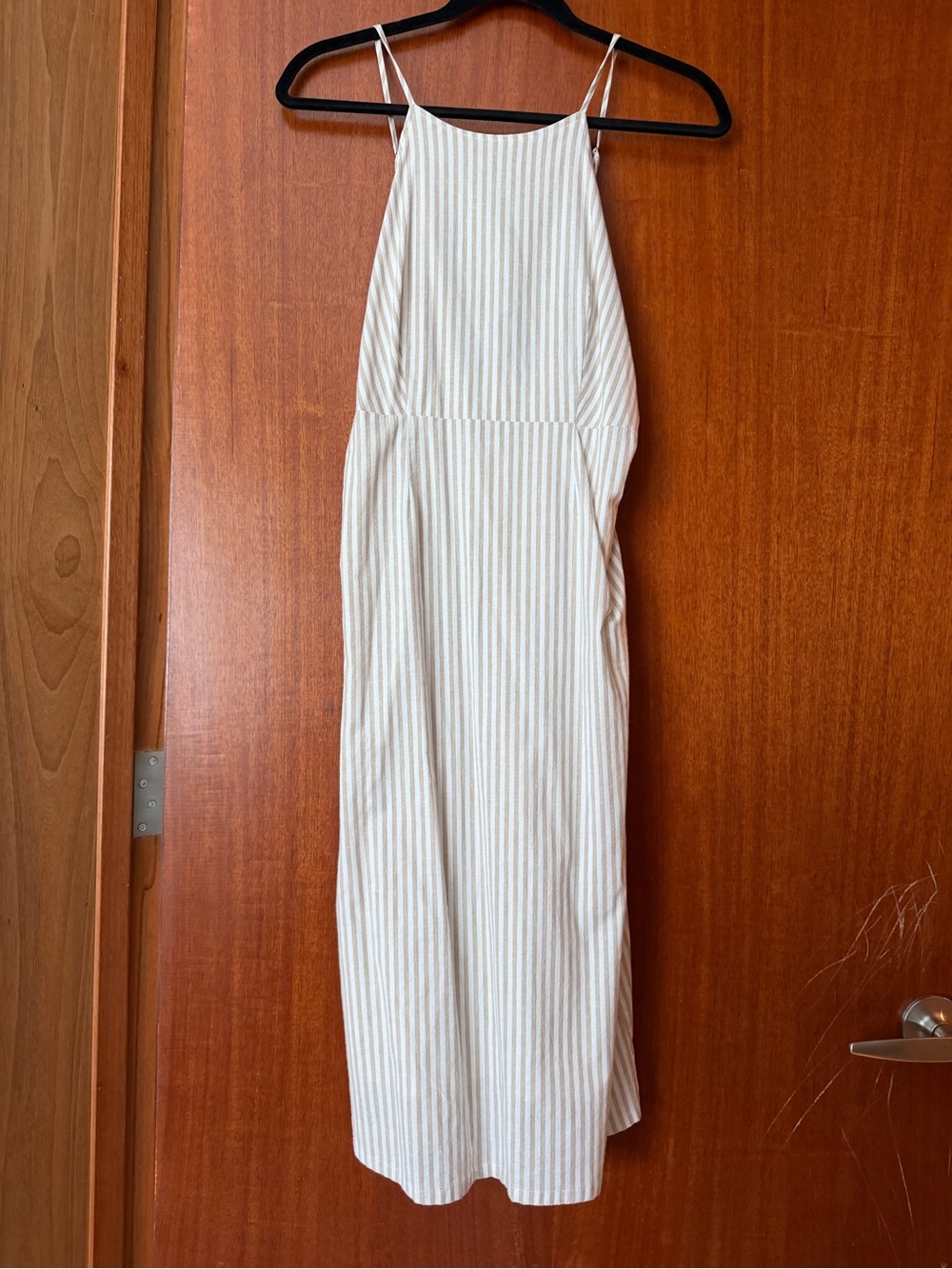 Striped Spaghetti-Strap Jumpsuit in Cream and Light Gray